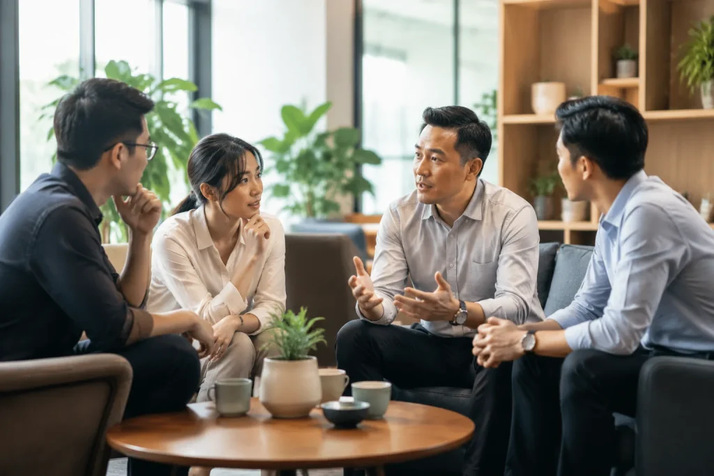 Chuyên gia doanh nghiệp Việt Nam trao đổi với nhóm sáng lập trong không gian làm việc hiện đại, thể hiện quá trình cân nhắc định hướng website cho khách hàng trong nước và quốc tế.