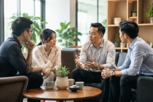 Chuyên gia doanh nghiệp Việt Nam trao đổi với nhóm sáng lập trong không gian làm việc hiện đại, thể hiện quá trình cân nhắc định hướng website cho khách hàng trong nước và quốc tế.