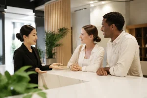 Không gian tiếp đón khách hàng tại doanh nghiệp Việt Nam với nhân viên tư vấn đang trao đổi cùng khách quốc tế trong khu vực dịch vụ hiện đại, thể hiện nhu cầu kết nối nhiều nhóm n