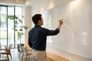 Chủ doanh nghiệp Việt Nam đứng trước bảng trắng lớn đang phác thảo sơ đồ cấu trúc website bằng bút lông, nhìn từ phía sau vai, thể hiện khoảnh khắc lập kế hoạch mở rộng website nga