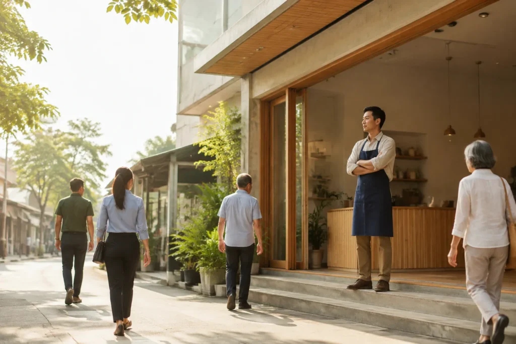 Chủ doanh nghiệp Việt Nam đứng tại lối vào một cơ sở dịch vụ nhỏ, quan sát các nhóm khách hàng khác nhau chuẩn bị bước vào không gian, thể hiện việc xác định đối tượng và mục tiêu
