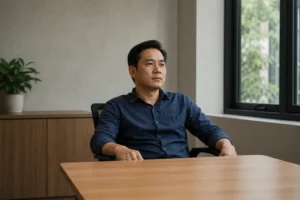 Chủ doanh nghiệp Việt Nam ngồi một mình tại bàn họp trong văn phòng nhỏ, nhìn thẳng về phía trước với tư thế suy nghĩ nghiêm túc — thể hiện giai đoạn cân nhắc mục tiêu trước khi đầ