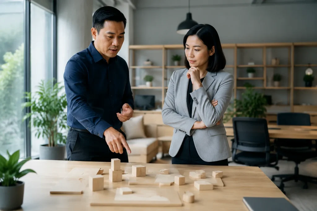 Chủ doanh nghiệp Việt Nam cùng chuyên gia web quan sát mô hình luồng vận hành website thương mại điện tử trên bàn làm việc hiện đại, thể hiện quá trình rà soát tổng thể trước khi n