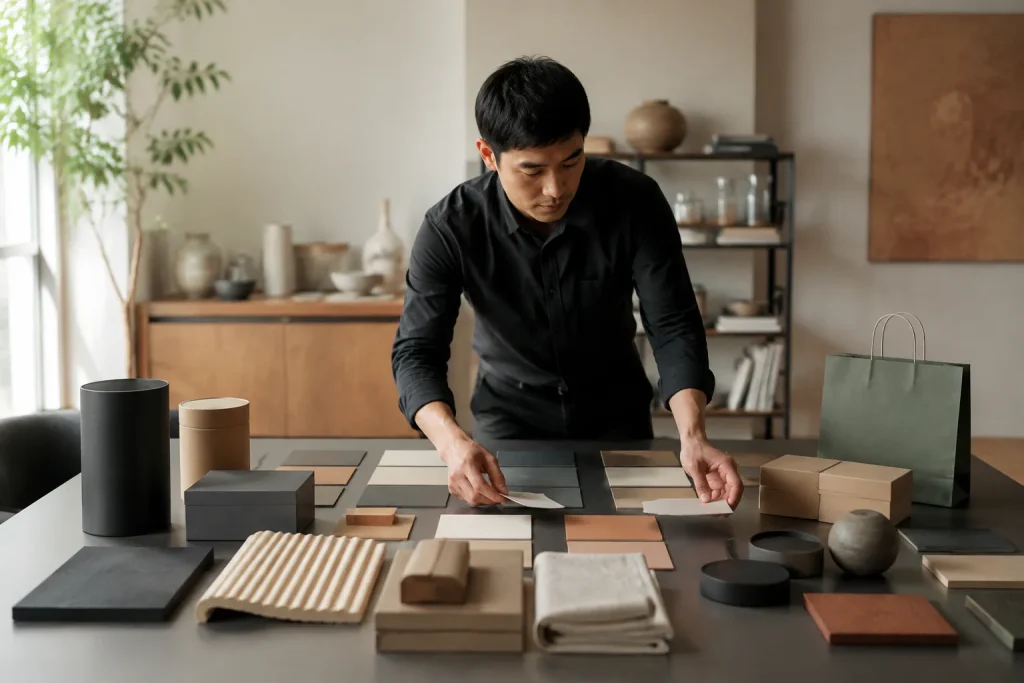 Không gian studio thương hiệu tại Việt Nam với chuyên viên thiết kế đang kiểm tra các thành phần nhận diện trực quan như mẫu màu, biểu tượng hình khối và vật liệu thương hiệu trên