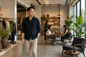 Chủ doanh nghiệp Việt Nam khảo sát không gian làm việc và chuẩn bị khu vực vận hành website mới, thể hiện giai đoạn xác định mục tiêu trước khi bắt đầu dự án.