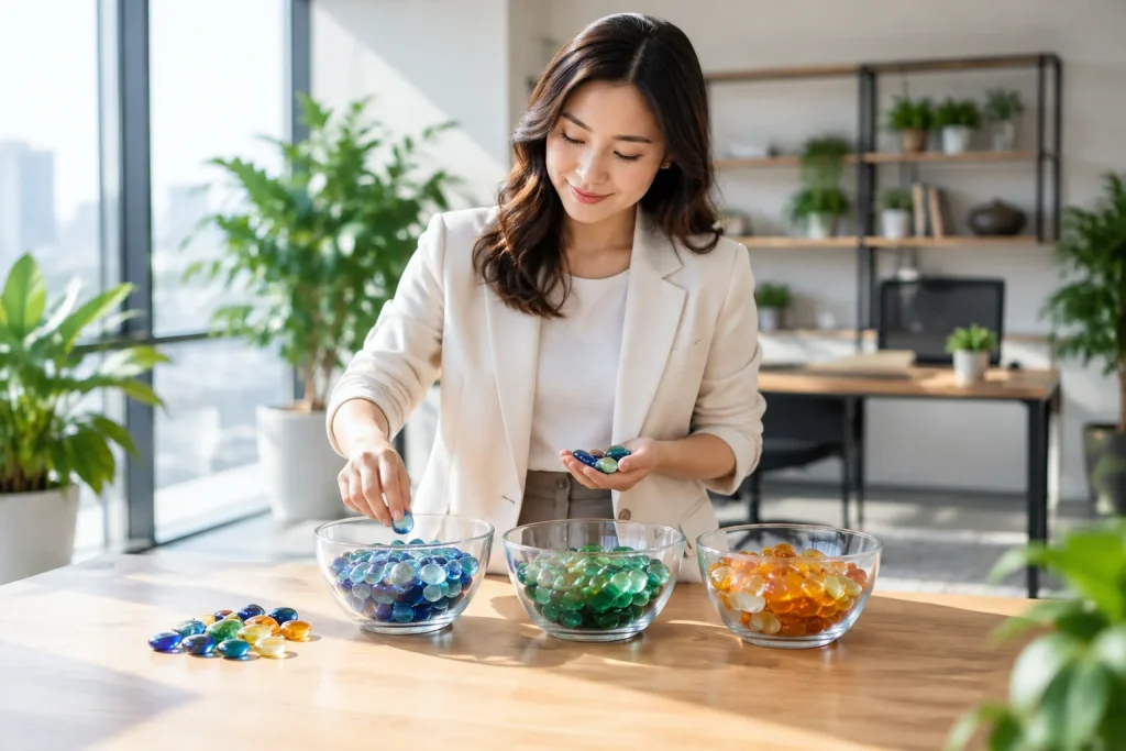 Nữ chủ doanh nghiệp Việt Nam phân loại các viên đá thủy tinh màu vào ba bát thủy tinh trong suốt trên bàn làm việc, minh họa cho việc xác định các nhóm dữ liệu cần đo lường trước k