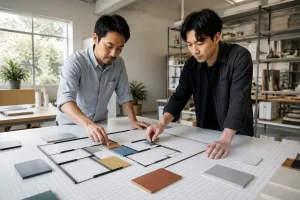 Chủ doanh nghiệp và nhà thiết kế Việt Nam cùng sắp xếp các khung kim loại trống và khối acrylic màu trên bàn vẽ, thể hiện việc xây dựng cấu trúc nền tảng cho website khi chưa có nộ