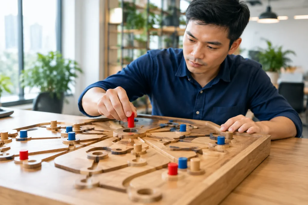 Chuyên viên marketing Việt Nam cẩn thận lắp các chốt màu sắc vào một bảng gỗ có nhiều rãnh nối, minh họa cho việc cài đặt chính xác các mã theo dõi vào cấu trúc website ngay từ đầu