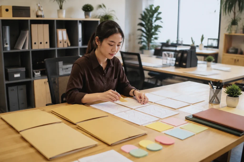 Chuyên viên marketing Việt Nam kiểm tra cấu trúc website trên không gian làm việc thực tế với các thiết bị và vật dụng thể hiện quy trình vận hành nội dung sau bàn giao, tập trung