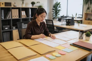 Chuyên viên marketing Việt Nam kiểm tra cấu trúc website trên không gian làm việc thực tế với các thiết bị và vật dụng thể hiện quy trình vận hành nội dung sau bàn giao, tập trung