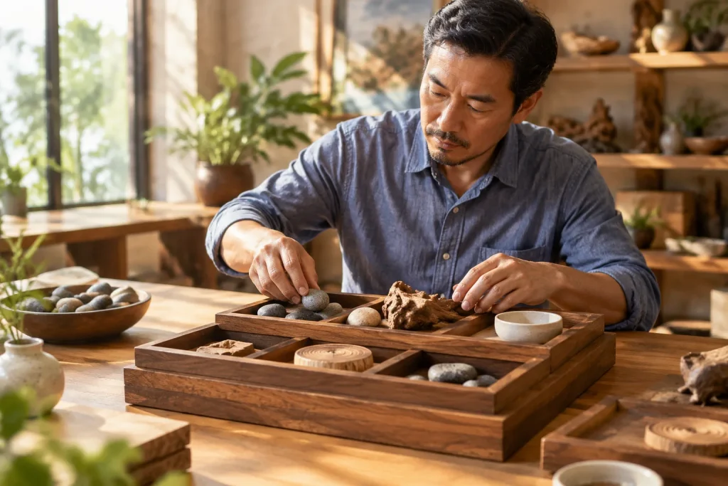 Chủ doanh nghiệp Việt Nam cẩn thận sắp xếp các vật liệu tự nhiên vào một khay trưng bày bằng gỗ, biểu tượng cho việc chắt lọc và xây dựng nền tảng câu chuyện thương hiệu từ những g
