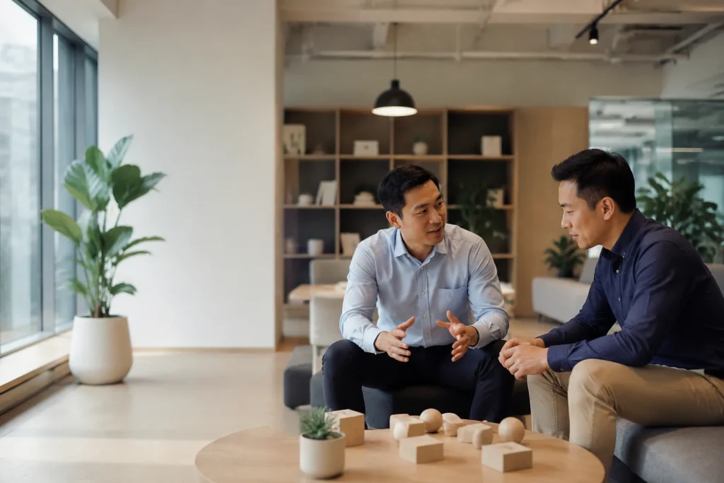 Chủ doanh nghiệp Việt Nam trao đổi định hướng phát triển website với chuyên gia tư vấn trong không gian làm việc hiện đại, thể hiện quá trình đánh giá khả năng mở rộng website trướ