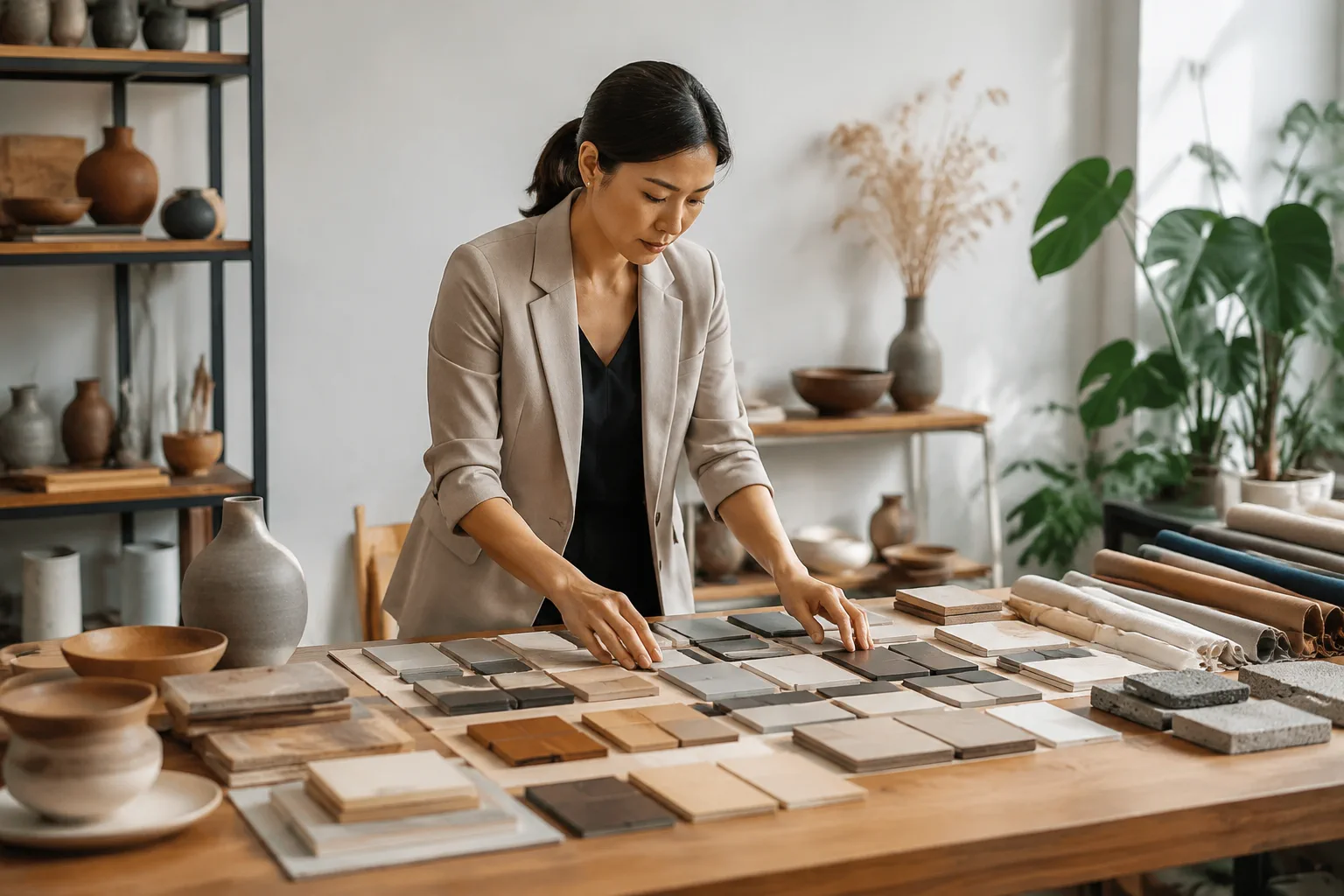Chủ doanh nghiệp Việt Nam tập hợp và phân loại các mẫu sản phẩm thực tế cùng bảng màu nhận diện trên bàn làm việc, thể hiện bước chuẩn bị dữ liệu nền tảng trước khi thiết kế websit