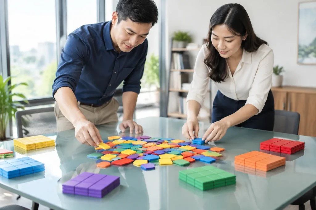 Hai nhân sự doanh nghiệp Việt Nam đang cùng nhau sắp xếp các thẻ gạch màu sắc không chữ từ một đống lộn xộn thành các cụm gọn gàng trên bàn kính, minh họa cho quá trình gom nhóm dị