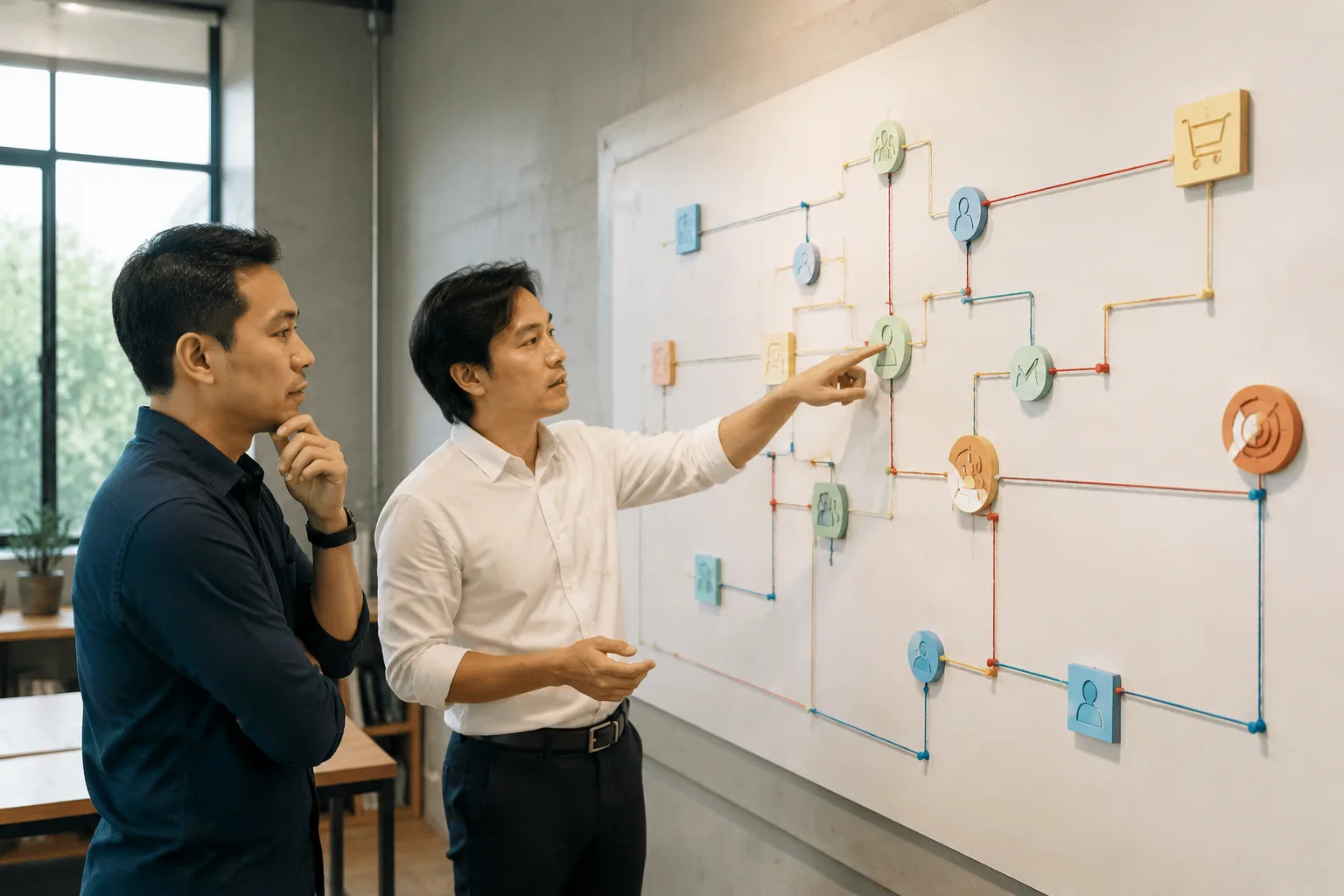 Chủ doanh nghiệp Việt Nam đứng trước tường trưng bày sơ đồ chuyển đổi bằng dây màu và biểu tượng, cùng nhà thiết kế chỉ tay vào các bước hành trình khách hàng.