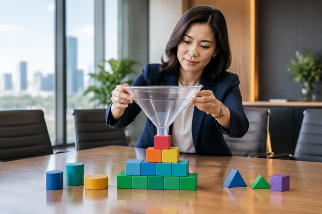 Giám đốc marketing Việt Nam cẩn thận đặt một mô hình phễu trong suốt lên trên các khối hình học đa sắc tại bàn họp, biểu tượng cho việc chuẩn bị hệ thống thu hút và tiếp nhận khách