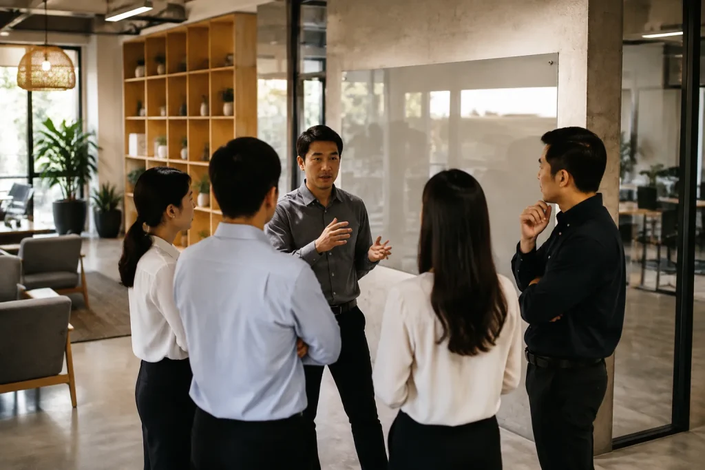 Nhóm quản lý doanh nghiệp Việt Nam trao đổi vai trò phê duyệt trong dự án website tại khu vực làm việc chung, thể hiện việc phân quyền người quyết định trước khi triển khai