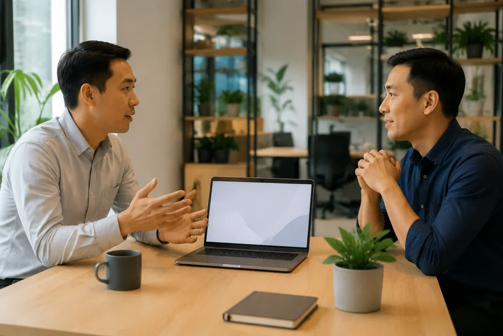 Chuyên viên tư vấn dịch vụ Việt Nam lắng nghe khách hàng trong không gian làm việc hiện đại, thể hiện quá trình tìm hiểu nhu cầu và xây dựng cách phản hồi trước khi thiết kế websit