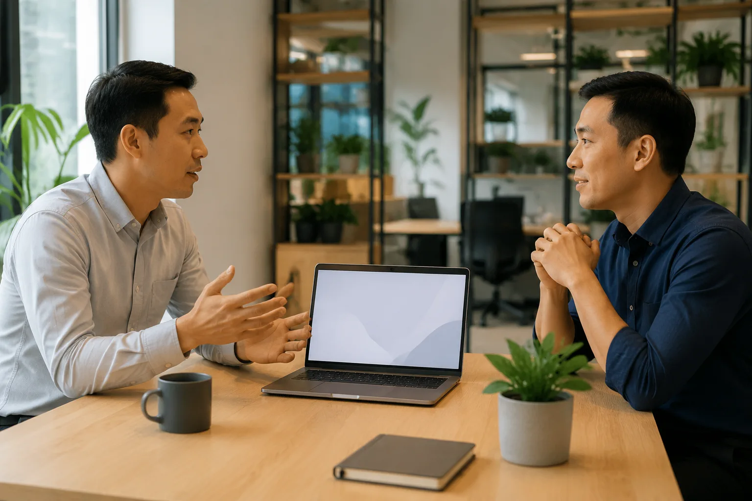 Chuyên viên tư vấn dịch vụ Việt Nam lắng nghe khách hàng trong không gian làm việc hiện đại, thể hiện quá trình tìm hiểu nhu cầu và xây dựng cách phản hồi trước khi thiết kế websit