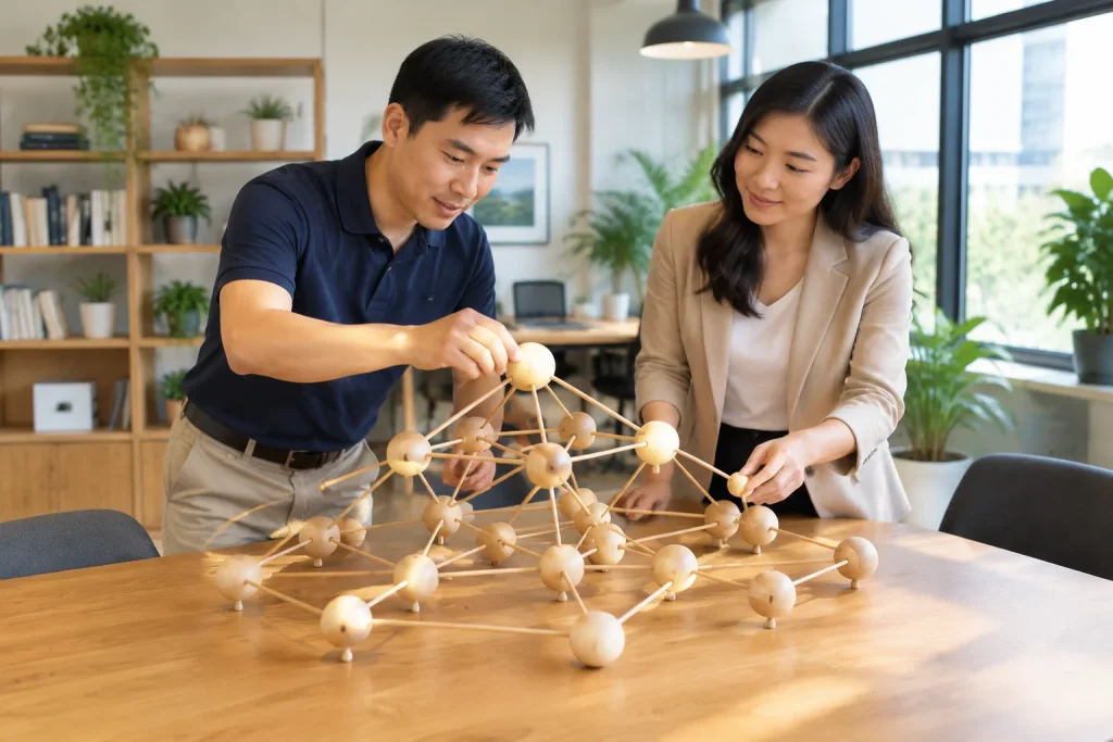 Chuyên gia tư vấn Việt Nam cùng khách hàng sắp xếp các khối cầu và thanh nối bằng gỗ trên bàn làm việc, biểu tượng cho việc xây dựng cấu trúc liên kết và nền tảng SEO trước khi thi