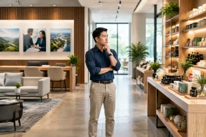 Không gian doanh nghiệp Việt Nam với chủ doanh nghiệp quan sát hai khu vực trải nghiệm website khác nhau, thể hiện sự phân biệt giữa website giới thiệu doanh nghiệp và website bán