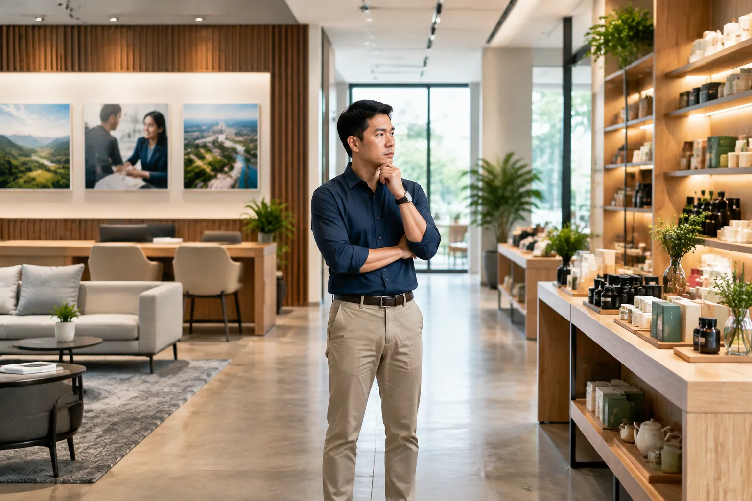 Không gian doanh nghiệp Việt Nam với chủ doanh nghiệp quan sát hai khu vực trải nghiệm website khác nhau, thể hiện sự phân biệt giữa website giới thiệu doanh nghiệp và website bán
