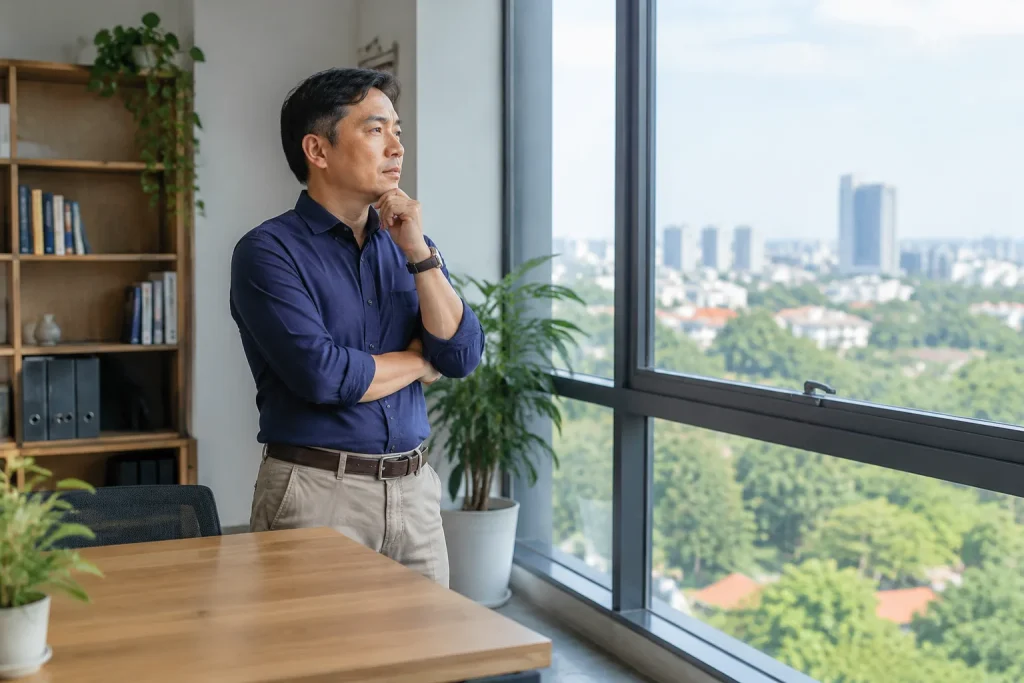 Chủ doanh nghiệp Việt Nam quan sát không gian làm việc và suy nghĩ về định hướng xây dựng website trước khi bắt đầu dự án