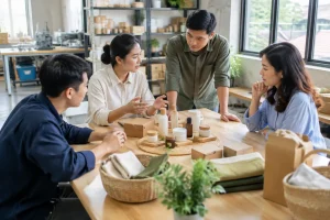 Nhóm quản lý doanh nghiệp Việt Nam trao đổi định hướng xây dựng website trong không gian sản xuất thực tế, tập trung xác định nhu cầu khách hàng và mục tiêu kinh doanh trước khi tr