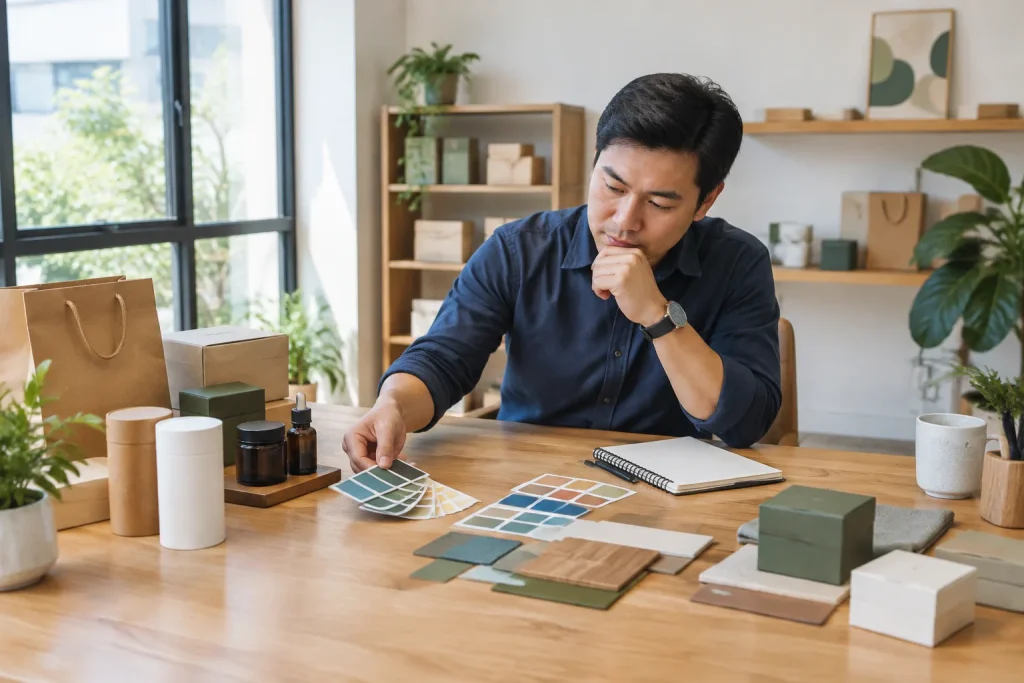 Doanh nghiệp Việt Nam chuẩn bị buổi trao đổi với đơn vị thiết kế website bằng cách sắp xếp các vật dụng thương hiệu và ý tưởng kinh doanh trên bàn làm việc, thể hiện bước xác định