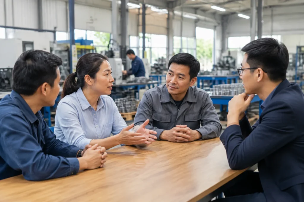 Nhóm quản lý doanh nghiệp Việt Nam trao đổi với chuyên gia tư vấn trong không gian xưởng sản xuất hiện đại để xác định mục tiêu và phạm vi cho dự án website