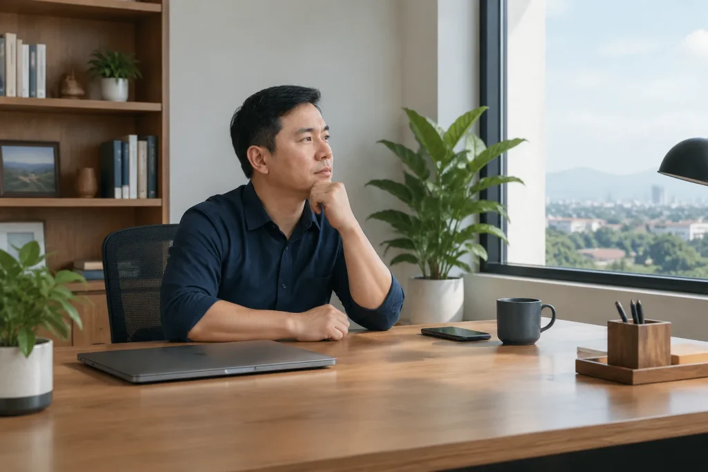 Chủ doanh nghiệp Việt Nam chuẩn bị định hướng cho buổi họp thiết kế website bằng cách trao đổi mục tiêu kinh doanh trong không gian làm việc hiện đại