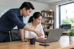 Chủ doanh nghiệp Việt Nam cùng nhóm vận hành kiểm tra trải nghiệm website sau triển khai trong không gian làm việc thực tế, tập trung vào việc rà soát các điểm cần xác nhận trước k