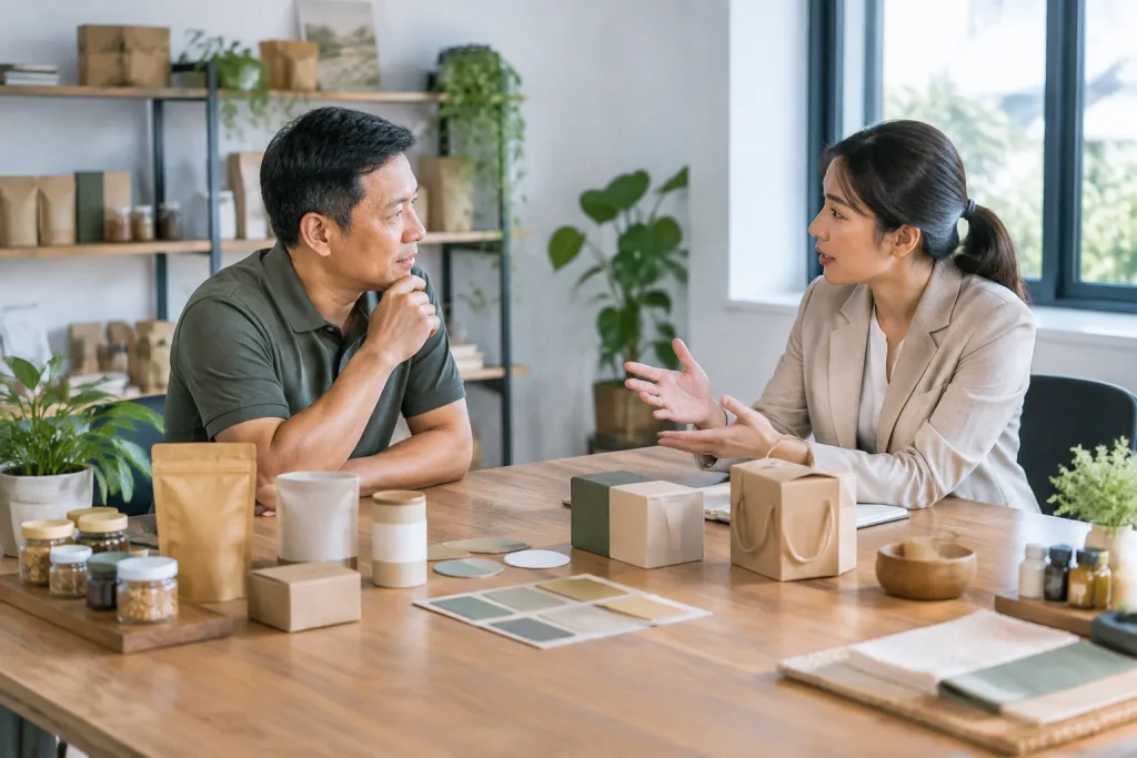 Chủ doanh nghiệp Việt Nam cùng chuyên gia tư vấn phân tích các nhu cầu xây dựng website trong không gian làm việc thực tế để xác định phạm vi dự án