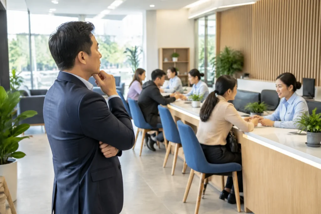 Chuyên viên doanh nghiệp Việt Nam quan sát luồng tương tác khách hàng tại khu vực tiếp nhận dịch vụ để đánh giá nhu cầu tích hợp chatbot AI cho website mới