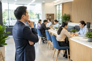 Chuyên viên doanh nghiệp Việt Nam quan sát luồng tương tác khách hàng tại khu vực tiếp nhận dịch vụ để đánh giá nhu cầu tích hợp chatbot AI cho website mới