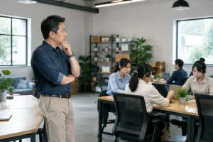 Chủ doanh nghiệp Việt Nam quan sát quá trình khách hàng tương tác với khu vực hỗ trợ trực tuyến trong không gian làm việc hiện đại để xác định dữ liệu cần chuẩn bị cho chatbot AI t