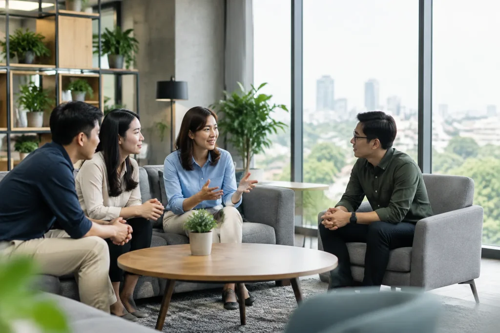 Chuyên gia marketing doanh nghiệp Việt Nam phân tích vai trò của website trong kế hoạch tiếp cận khách hàng bằng cách trao đổi cùng đội ngũ trong không gian làm việc hiện đại, thể