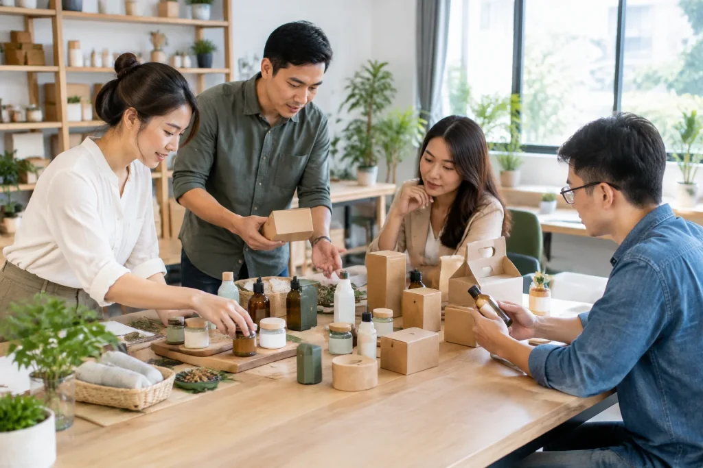 Chủ doanh nghiệp Việt Nam cùng đội ngũ sắp xếp các mẫu sản phẩm và vật dụng nhận diện trong không gian làm việc để chuẩn bị thông tin đầu vào cho dự án website mới