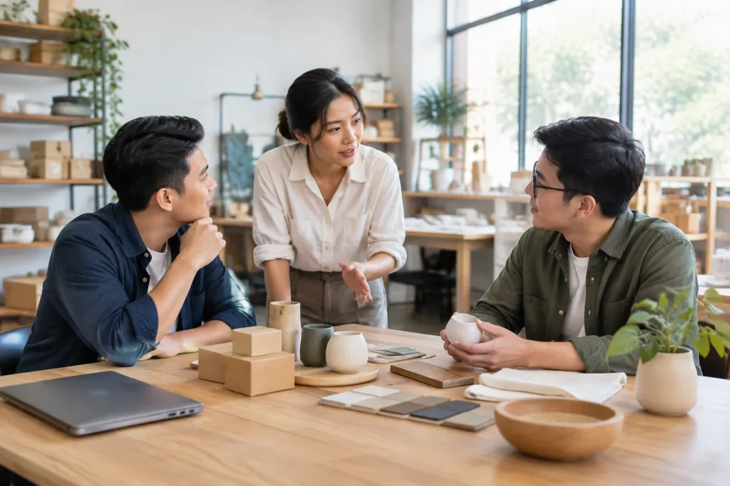 Chủ doanh nghiệp Việt Nam cùng nhóm sáng lập thảo luận định hướng website mới trong không gian làm việc thực tế, tập trung xác định mục tiêu kinh doanh và nhu cầu khách hàng trước