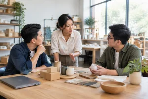 Chủ doanh nghiệp Việt Nam cùng nhóm sáng lập thảo luận định hướng website mới trong không gian làm việc thực tế, tập trung xác định mục tiêu kinh doanh và nhu cầu khách hàng trước