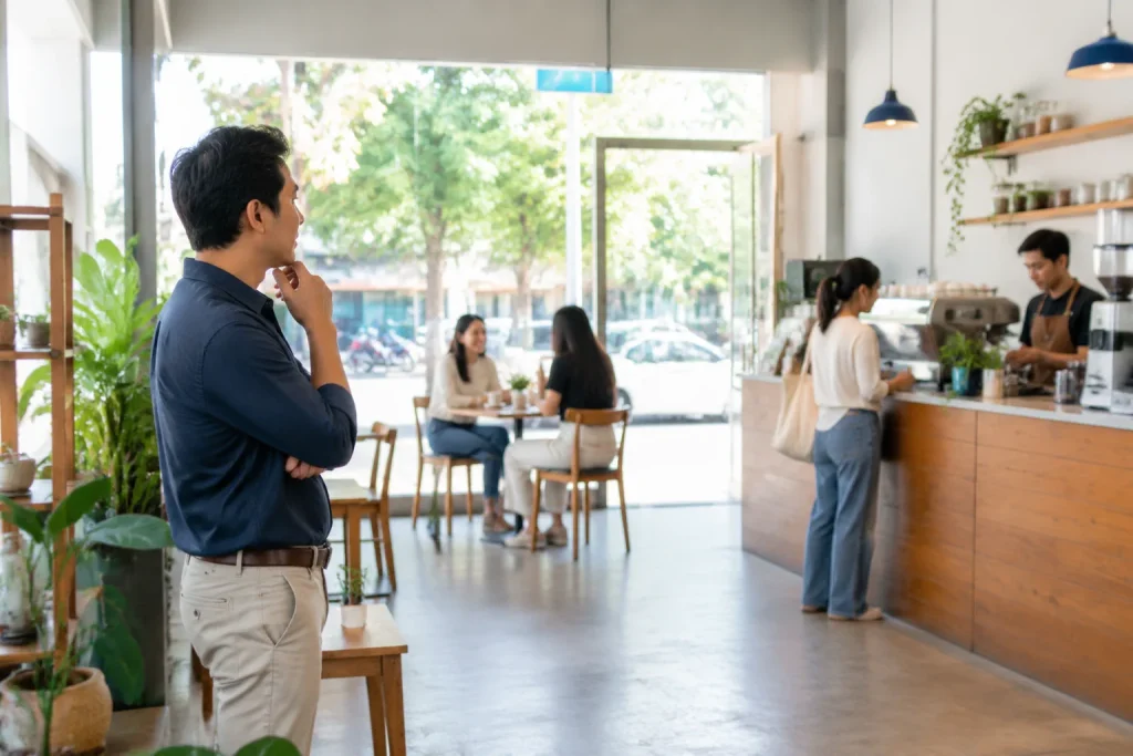 Chủ doanh nghiệp Việt Nam quan sát hành trình khách hàng trong không gian dịch vụ thực tế để xác định mục tiêu website trước khi bắt đầu dự án, thể hiện giai đoạn định hướng thay v