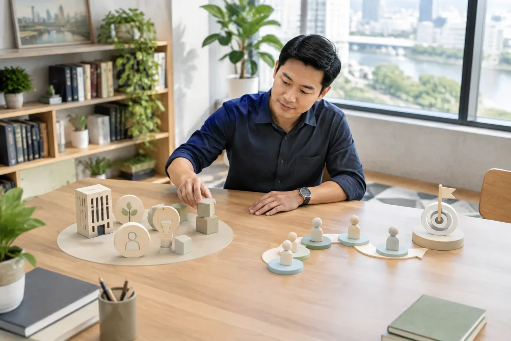 Chuyên gia tư vấn doanh nghiệp Việt Nam phân loại vai trò website theo mục tiêu thương hiệu và bán hàng bằng cách sắp xếp các mô hình trải nghiệm khách hàng trong không gian sáng t