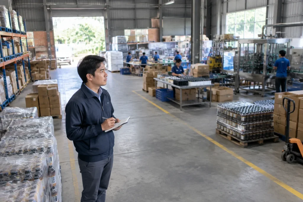Chủ doanh nghiệp Việt Nam kiểm tra hiện trạng không gian làm việc và các điểm vận hành liên quan trước khi quyết định thay đổi website, thể hiện giai đoạn đánh giá lại nhu cầu trướ