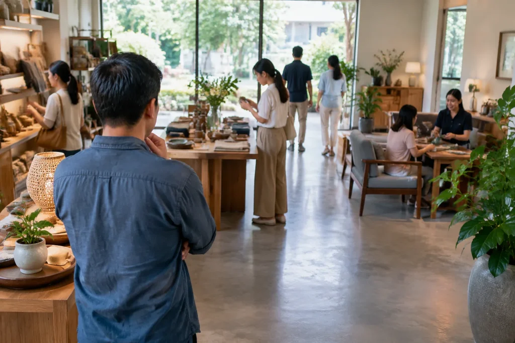 Chủ doanh nghiệp Việt Nam quan sát trải nghiệm khách hàng trong không gian dịch vụ thực tế để hình dung cách website cần hỗ trợ quá trình tìm hiểu và tương tác của người dùng