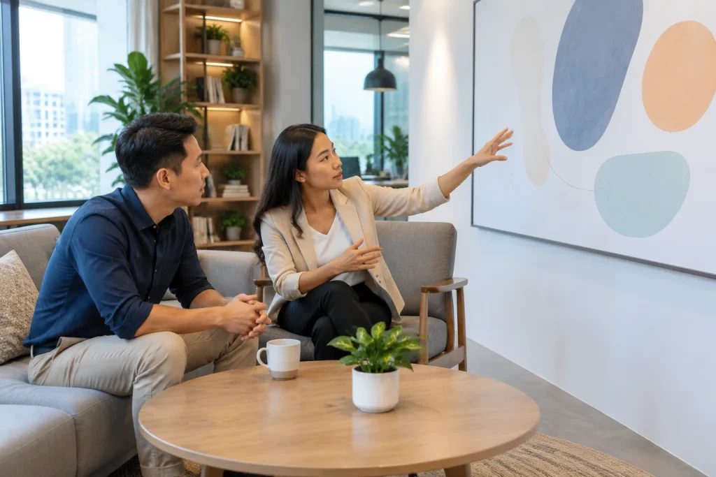 Chủ doanh nghiệp Việt Nam trao đổi định hướng website với chuyên gia tư vấn trong không gian làm việc hiện đại, thể hiện quá trình làm rõ nhu cầu trước khi thiết kế website doanh n