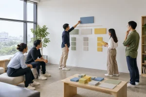 Không gian làm việc của doanh nghiệp Việt Nam với nhóm nhân sự đang sắp xếp các khu vực trải nghiệm khách hàng trong một mô hình không gian mở để hình dung cách tổ chức website trư