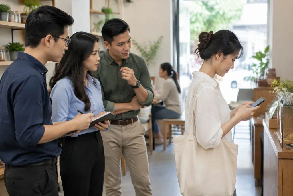 Nhóm chuyên gia thiết kế Việt Nam quan sát cách một khách hàng sử dụng điện thoại trong không gian dịch vụ thực tế để xác định thứ tự thông tin phù hợp cho trải nghiệm website trên