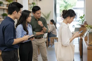 Nhóm chuyên gia thiết kế Việt Nam quan sát cách một khách hàng sử dụng điện thoại trong không gian dịch vụ thực tế để xác định thứ tự thông tin phù hợp cho trải nghiệm website trên