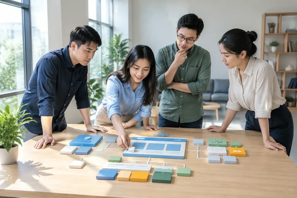 Nhóm nhân sự doanh nghiệp Việt Nam quan sát mô hình bố trí khu vực vận hành website trong không gian văn phòng hiện đại để làm rõ yêu cầu kỹ thuật trước khi triển khai