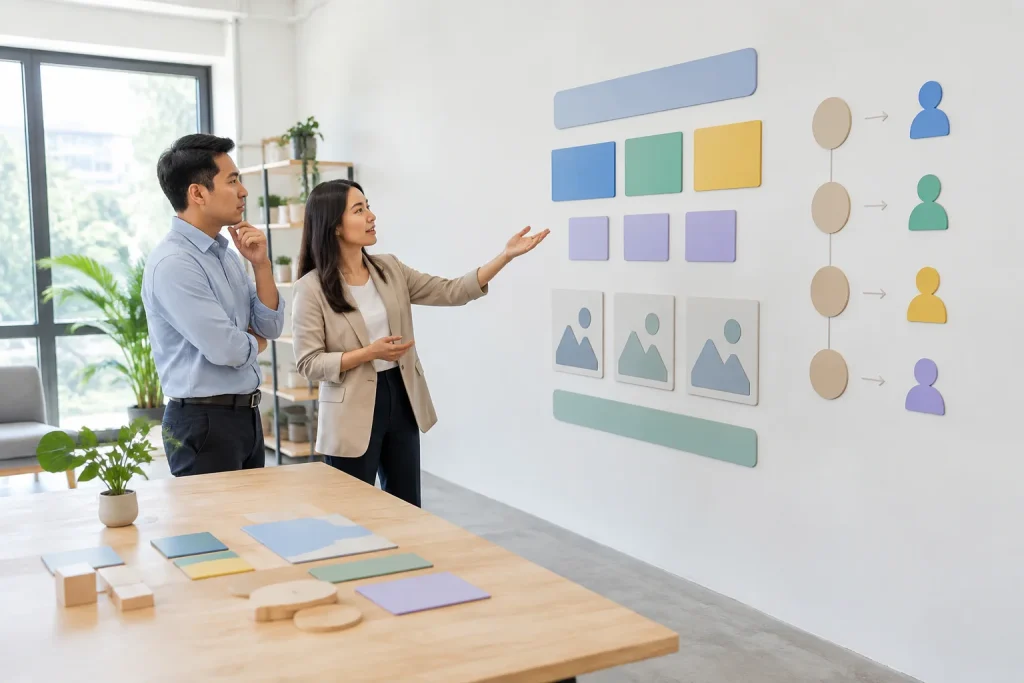 Nhóm chuyên gia website và chủ doanh nghiệp Việt Nam sắp xếp các khu vực nội dung trong không gian làm việc sáng tạo để hình dung cấu trúc trang trước khi thiết kế giao diện